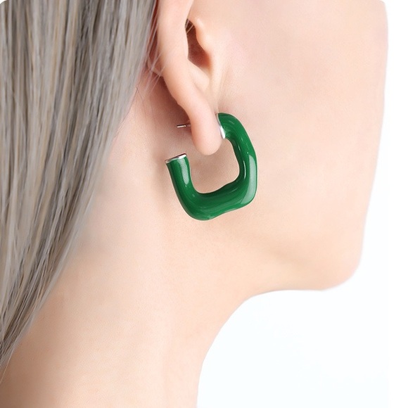 Waterproof Green Square Hoop Earrings*Chunky Hoops*Minimalist*Ml - Picture 6 of 6